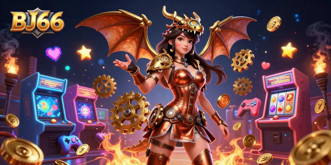 Engage in thrilling gaming at BJ66 with vibrant slot machines and a dynamic steampunk setting.