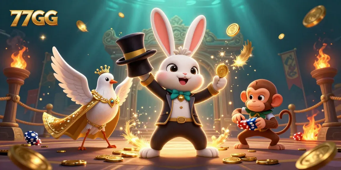 Experience thrilling gameplay at 77GG with a magical scene of dynamic characters and sparkling casino symbols.