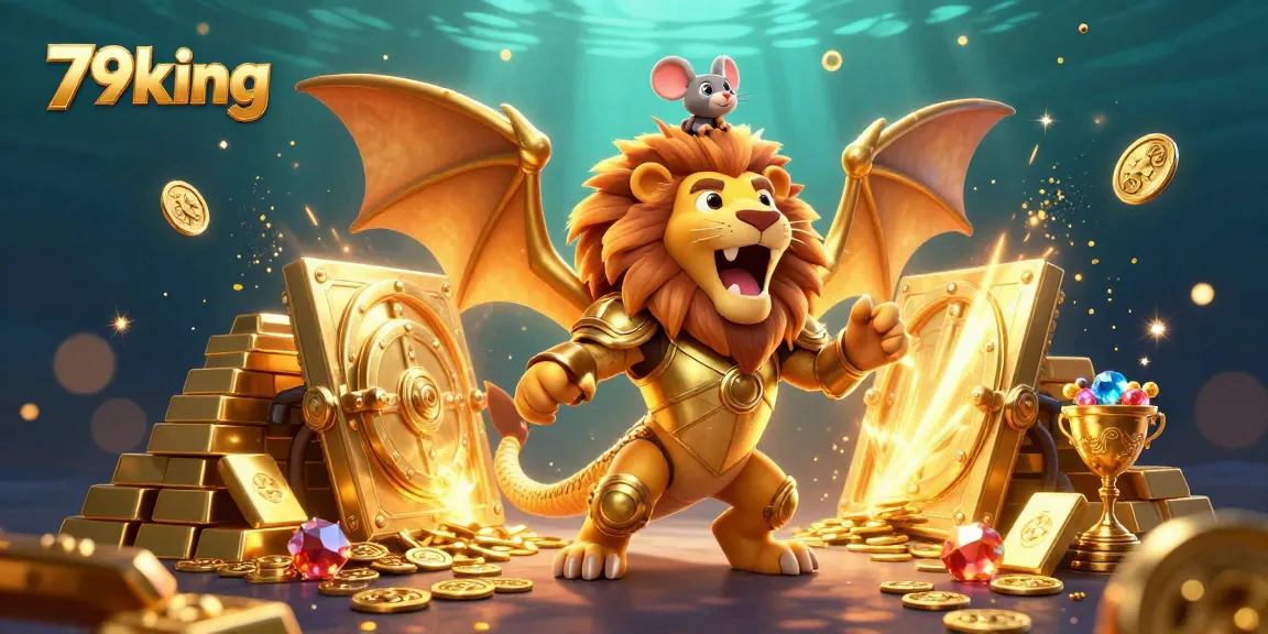 Experience the thrilling wins at 79king with our 3D casino adventure illustration showcasing golden treasures.