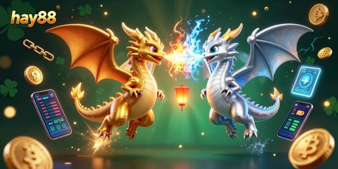 Enjoy the immersive gaming experience at hay88, featuring dynamic dragons and crypto-themed elements in a vibrant scene.