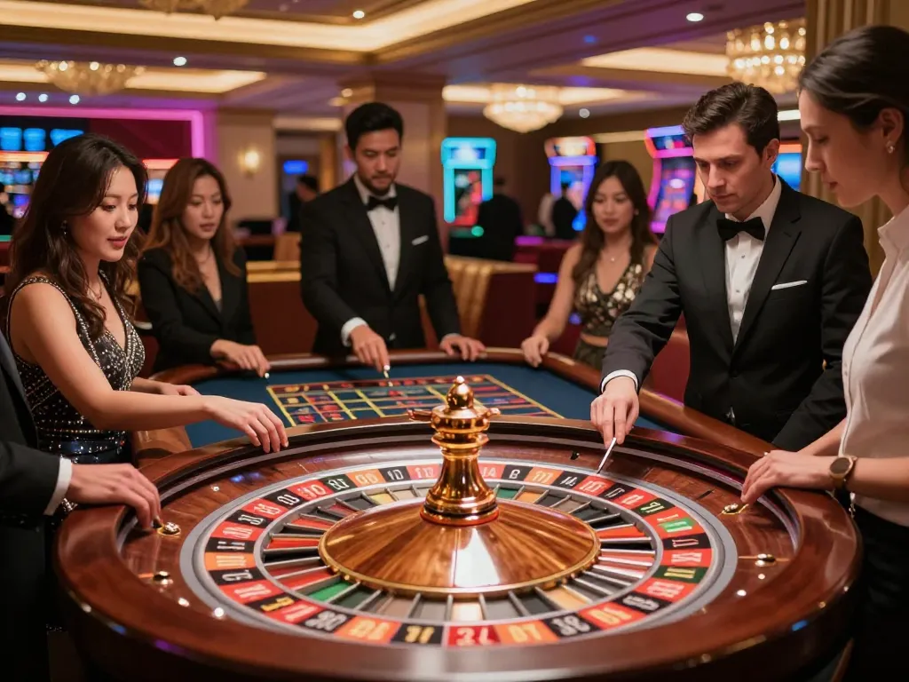 Luck8 players engaging in thrilling roulette betting at a vibrant casino.