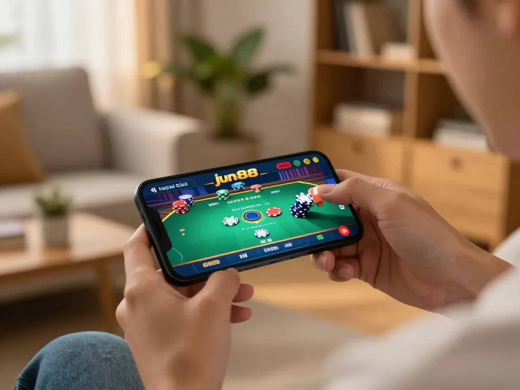 Engaging moment of a player accessing nhà cái jun88 app for mobile poker gaming, showcasing excitement and strategy.
