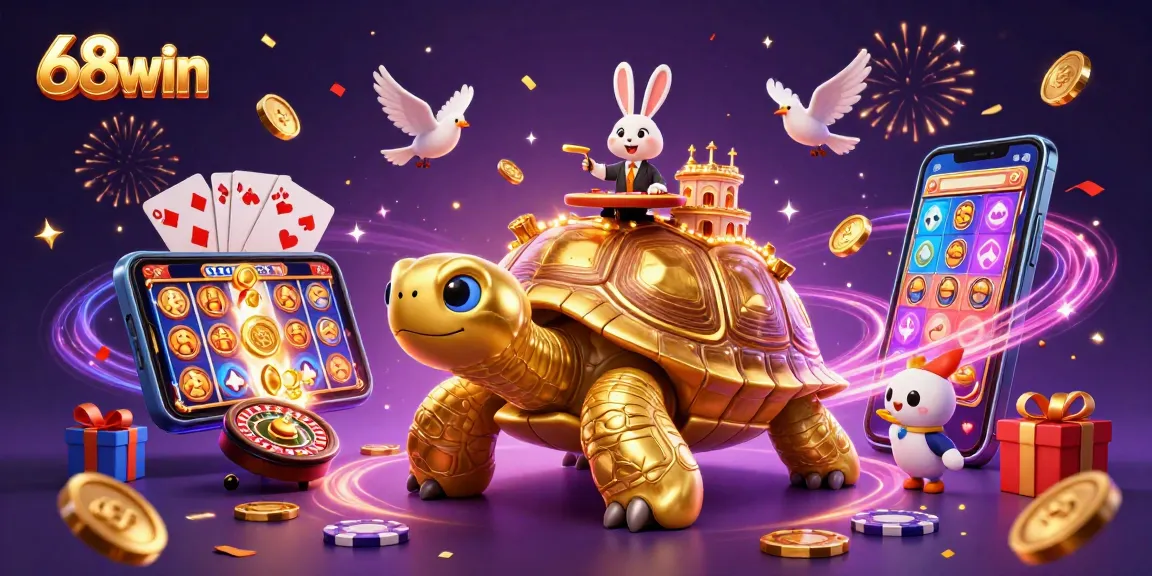 Experience winning moments at 68win with a magical 3D casino scene featuring a golden tortoise and dynamic gaming elements.