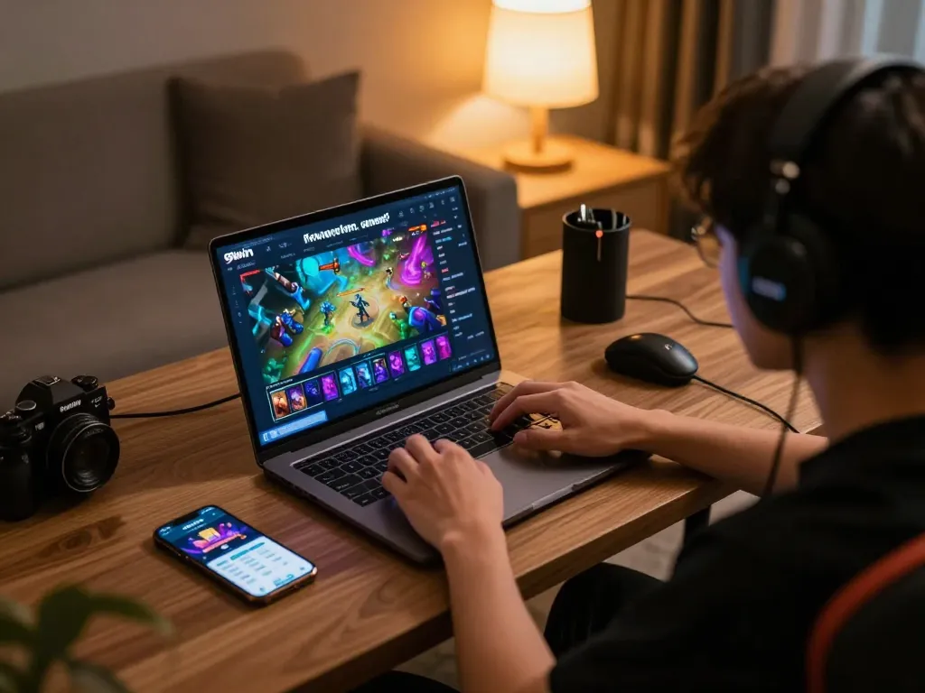 Engaged player exploring 98win online gaming options on laptop with strategic focus.
