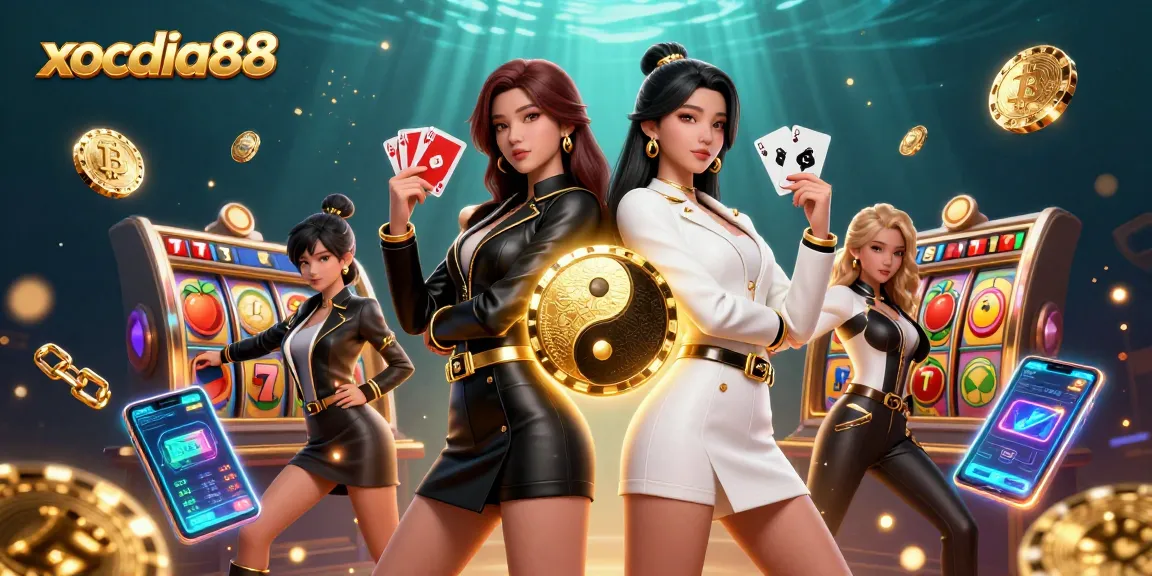 Experience thrilling gameplay at xocdia88 with stunning twin Asian women showcasing their card skills amidst rich casino elements.