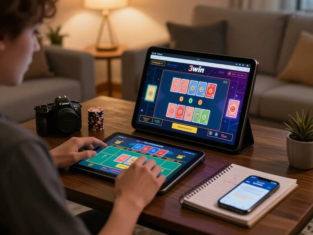 A person experiencing live dealer games on the 3win platform at home, engaging in online gambling in a cozy setting.