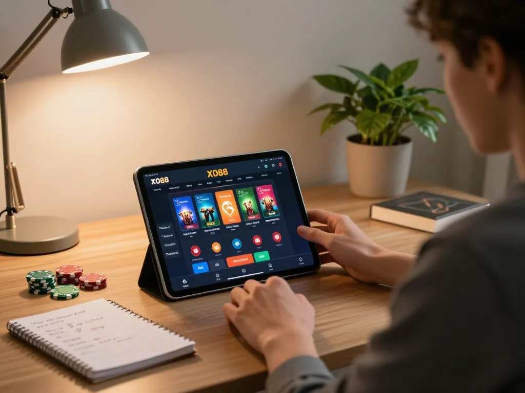 Player enjoying an engaging game on the XO88 casino app, with strategic notes in a cozy home setup.