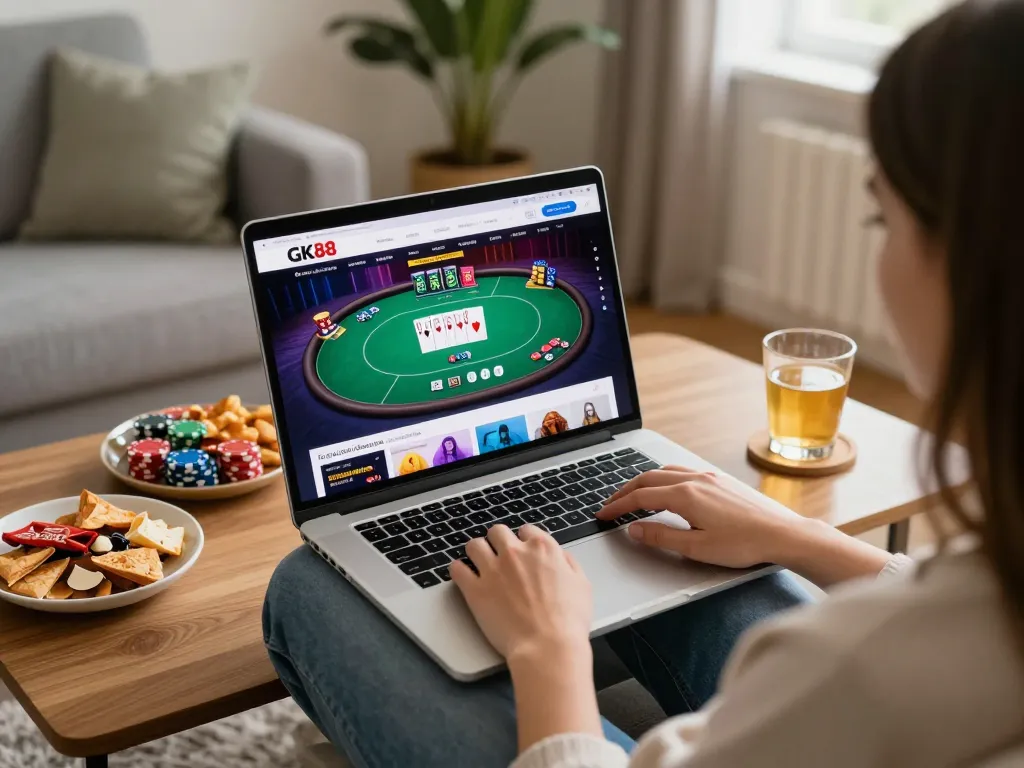 Player engaging with the GK88 platform at home during an online casino session.