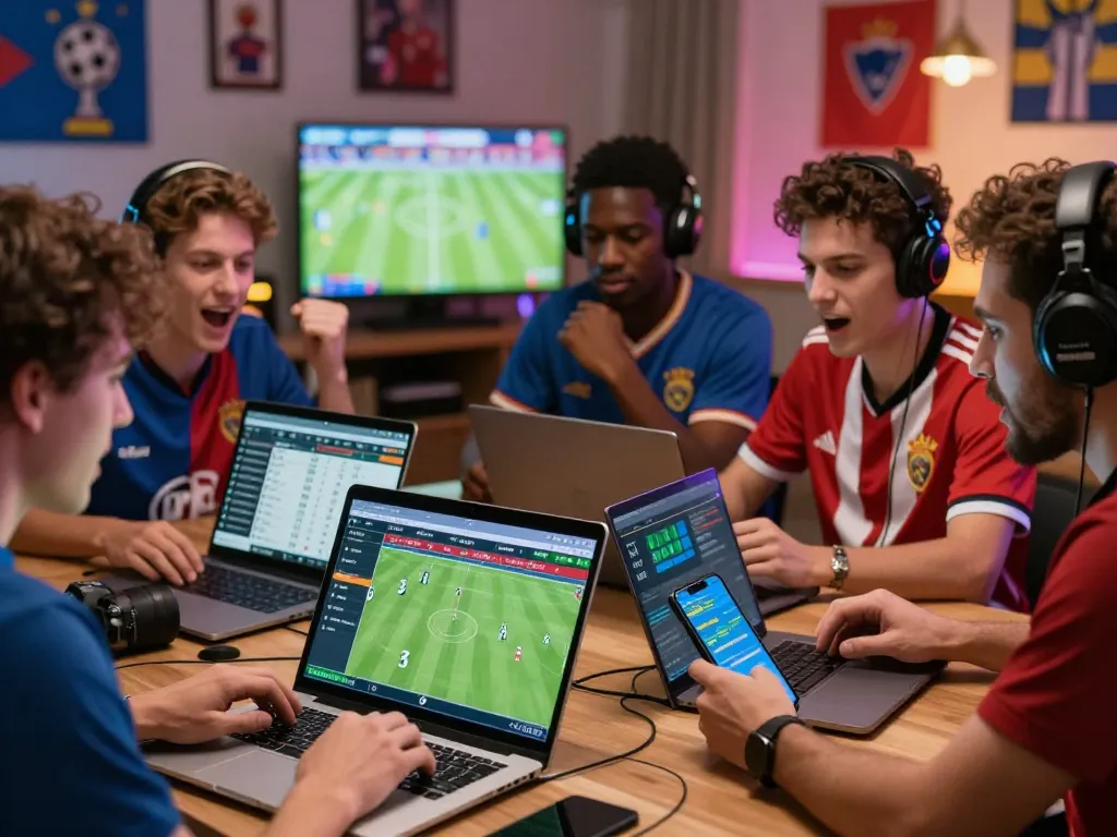 Enthusiastic bettors using trang cá độ bóng đá platforms on laptops and smartphones, showcasing excitement and camaraderie.