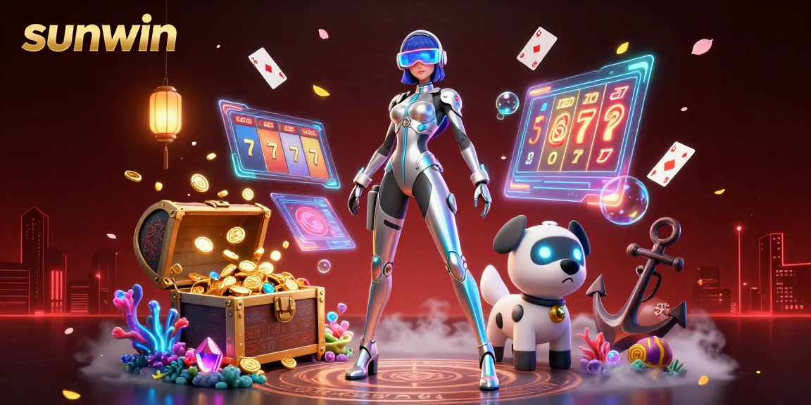Play the exciting sunwin slots scene with stunning visuals of gold coins, vibrant reels, and engaging characters.