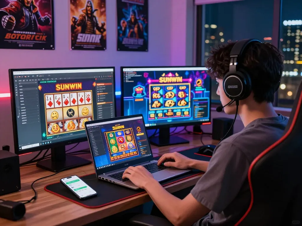 Engaging online gaming experience on https://sunwin7979.com/ featuring a user immersed in vibrant gameplay with multiple game windows.