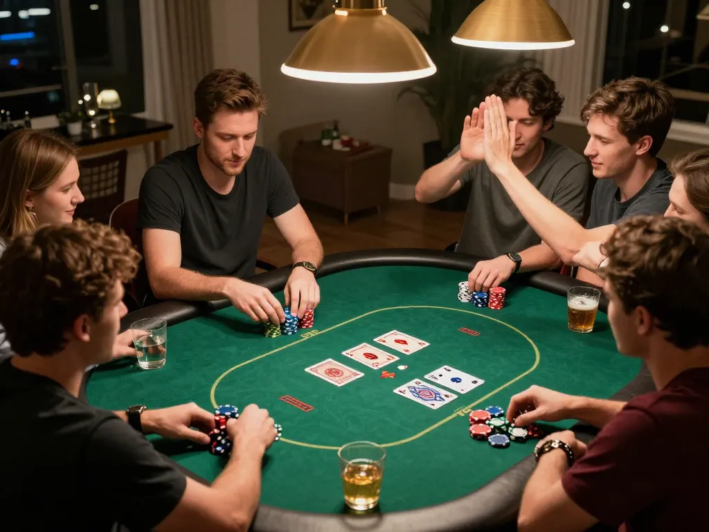 Friends enjoying a competitive game night at F168 poker table surrounded by drinks and snacks.