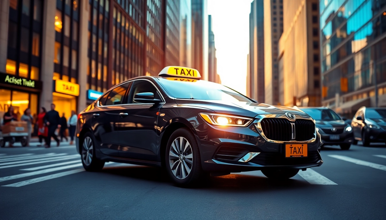 Taxi vehicle parked in a busy urban setting with vibrant city life.