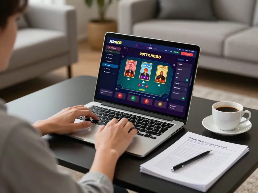 Player analyzing poker strategies on the Xin88 online platform in a cozy living room setting