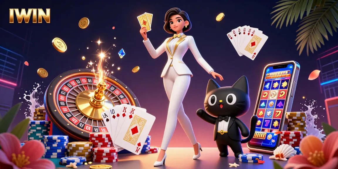 IWIN showcases an engaging casino scene with a glamorous dealer and a stylish cat, amidst flying coins and vibrant game elements.