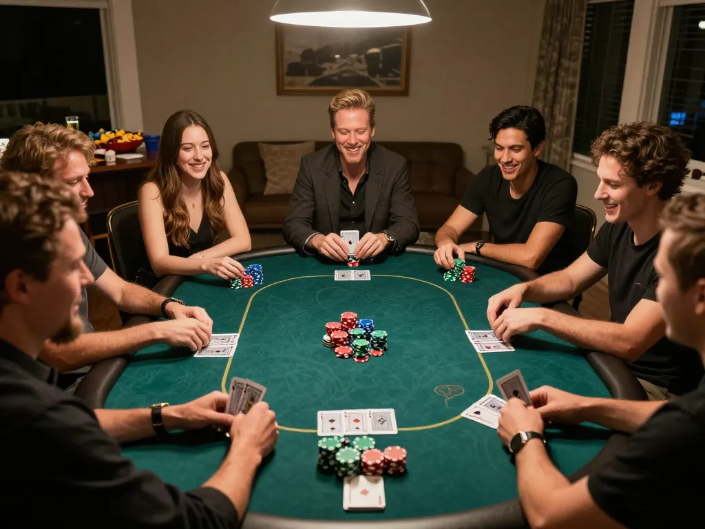 Players enjoying poker night at home, strategizing with cards and chips during an engaging evening of gambling