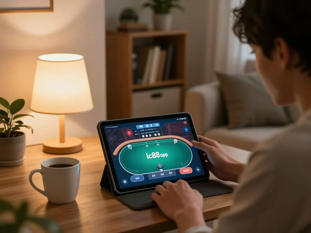 Playing poker on lc88app in a cozy home setting with tablet on a stylish coffee table.