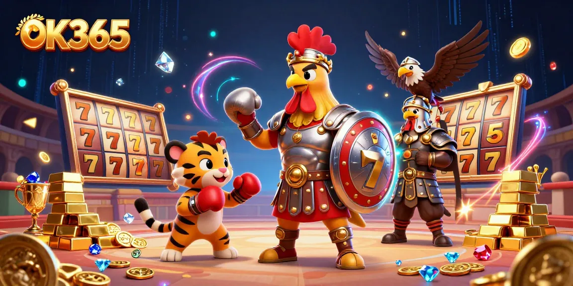 Experience thrilling gameplay with OK365, featuring a gladiator rooster and slot machines amidst treasure and gems.
