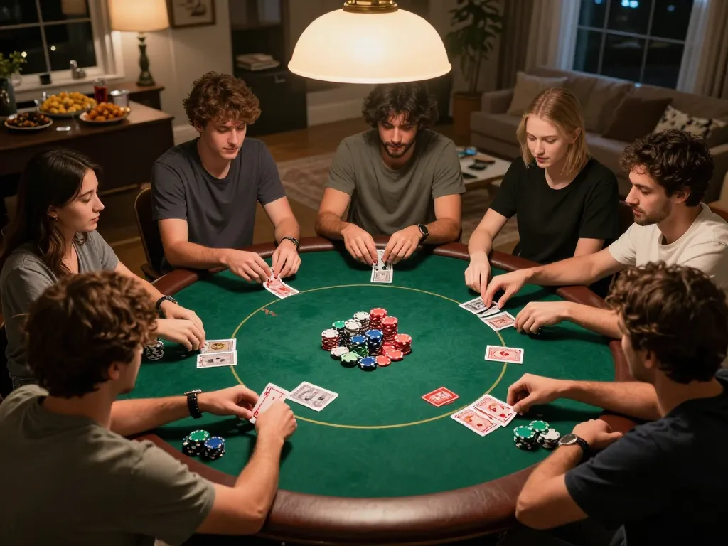 Players enjoying a friendly poker game at home, showcasing rokok88 strategies in a cozy atmosphere.