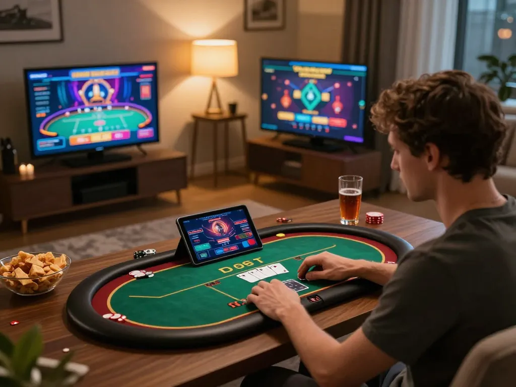 LV88 player enjoying live poker game on tablet in a cozy home setting