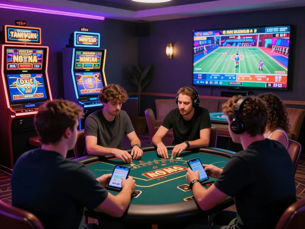 Exciting online gambling experience at XX88 with players engaging in live dealer games and vibrant slot machines in a modern home setting.