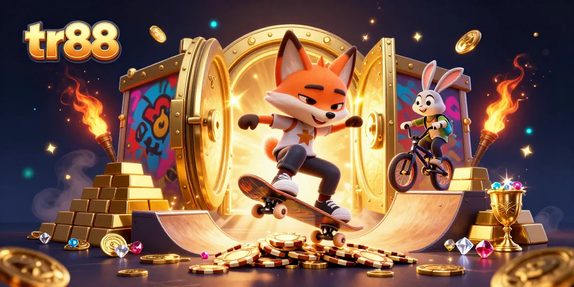 Experience excitement at tr88 with a skateboarder fox and BMX rabbit in a vibrant casino scene.