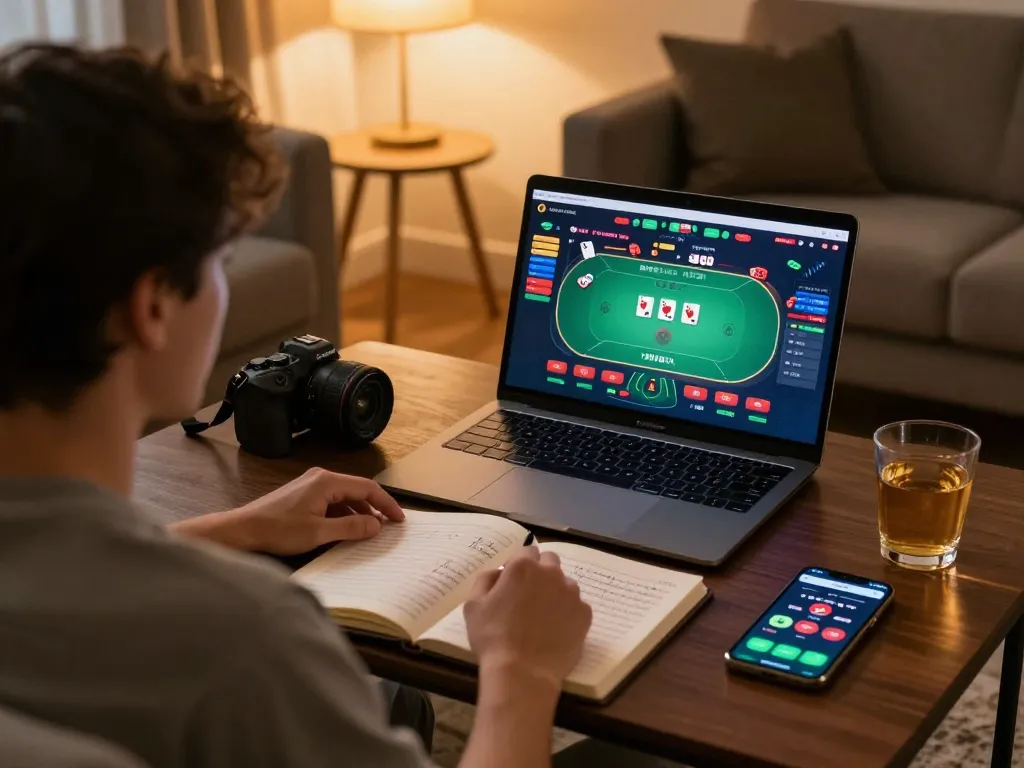 Household casino experience at Nhà cái KK55 with an engaged user strategizing over an online poker game