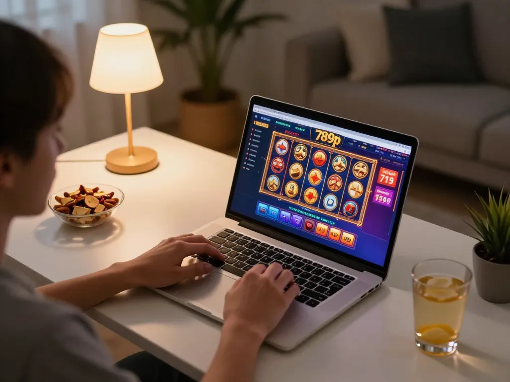 Player engaging with 789p online casino interface on a laptop in a cozy home setup