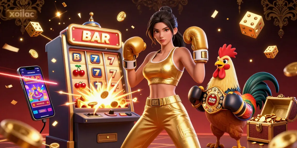 Xoilac engages gamblers with vibrant casino action featuring energetic characters and golden jackpots.