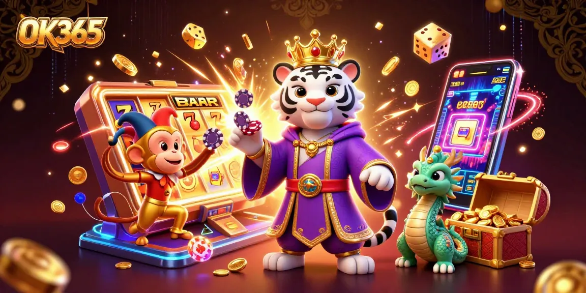 Experience the thrill of OK365's vibrant casino adventure with a colorful 3D illustration featuring a royal tiger.