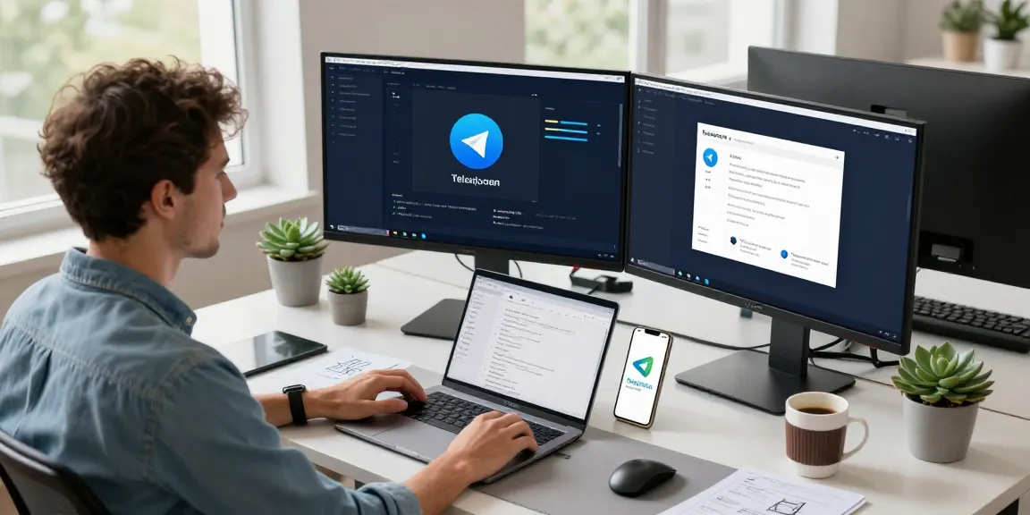 Telegram Download showcased in a tech workspace, with a developer using dual monitors and a laptop for better productivity.