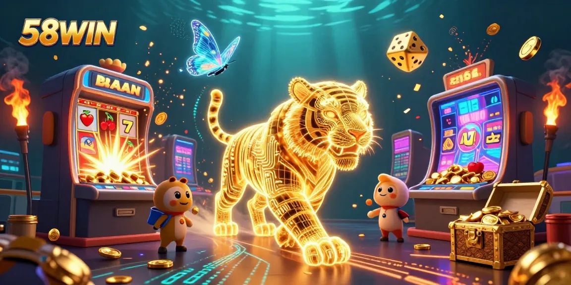 Join the excitement of 58WIN, where the golden tiger navigates a thrilling casino world of jackpots and vibrant games.