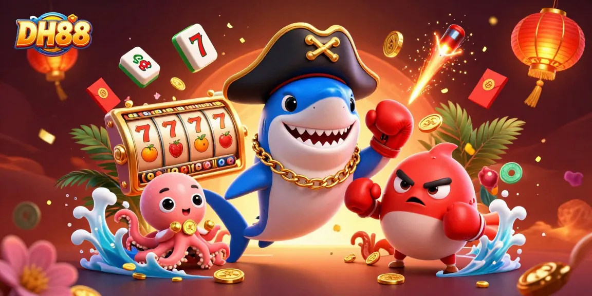 Engage in epic wins at DH88 with playful characters, vibrant casino elements, and festive decorations.