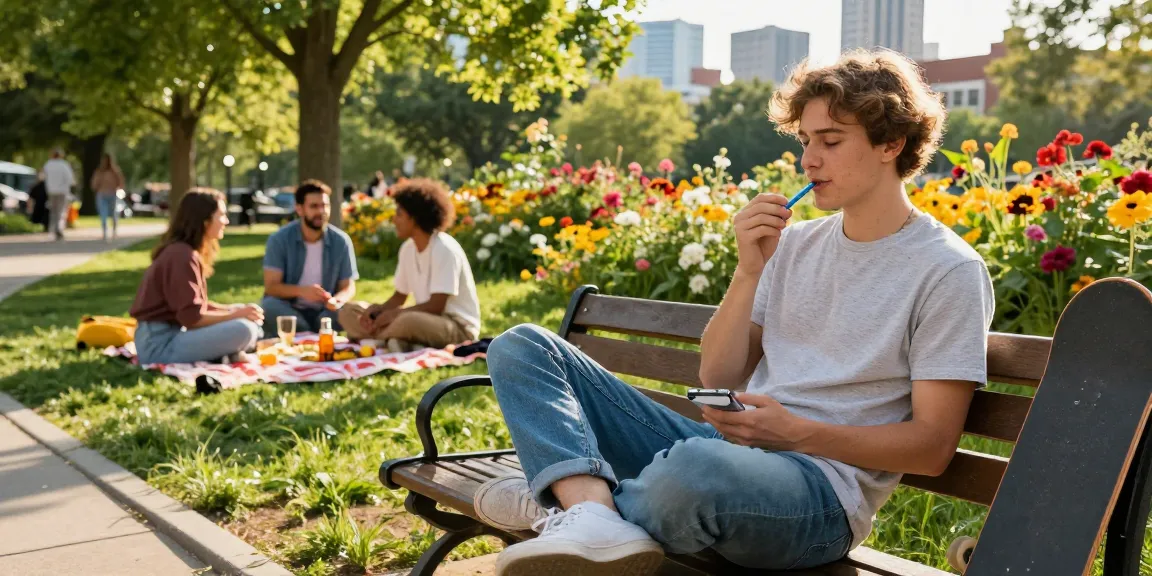 Relaxed young adult using thc pens in a vibrant urban park setting.