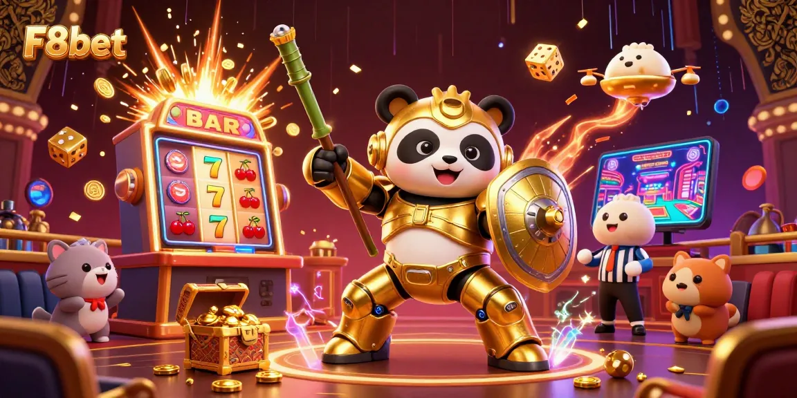 Experience the dynamic casino world of F8bet with colorful slot machines and golden elements surrounding a panda in a mech-suit.