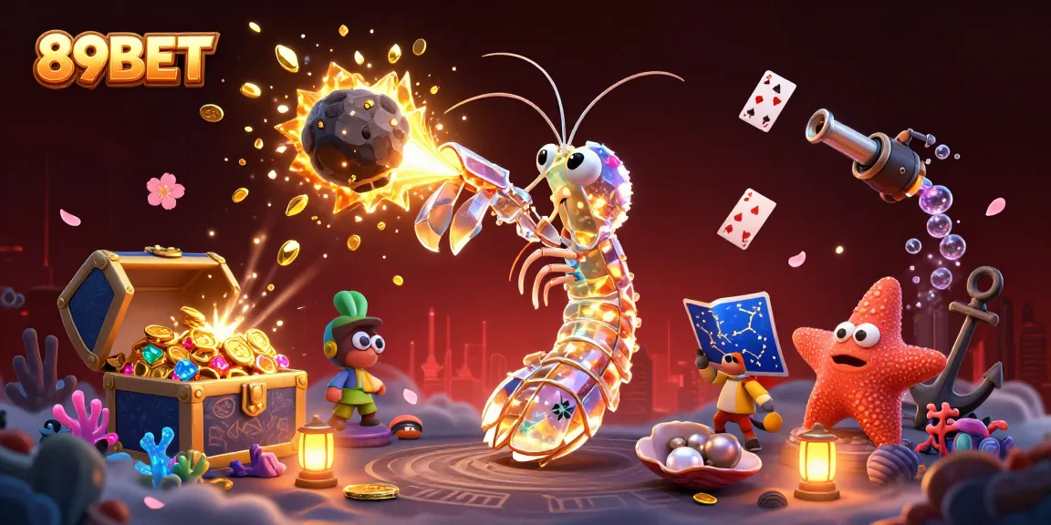 Engage with the exhilarating world of 89BET through a vibrant 3D illustration showcasing playful marine themes and casino elements.