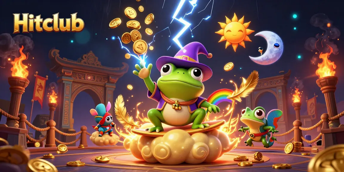 Hitclub features a wizard frog and chameleon surrounded by a storm of coins in a vibrant casino scene.