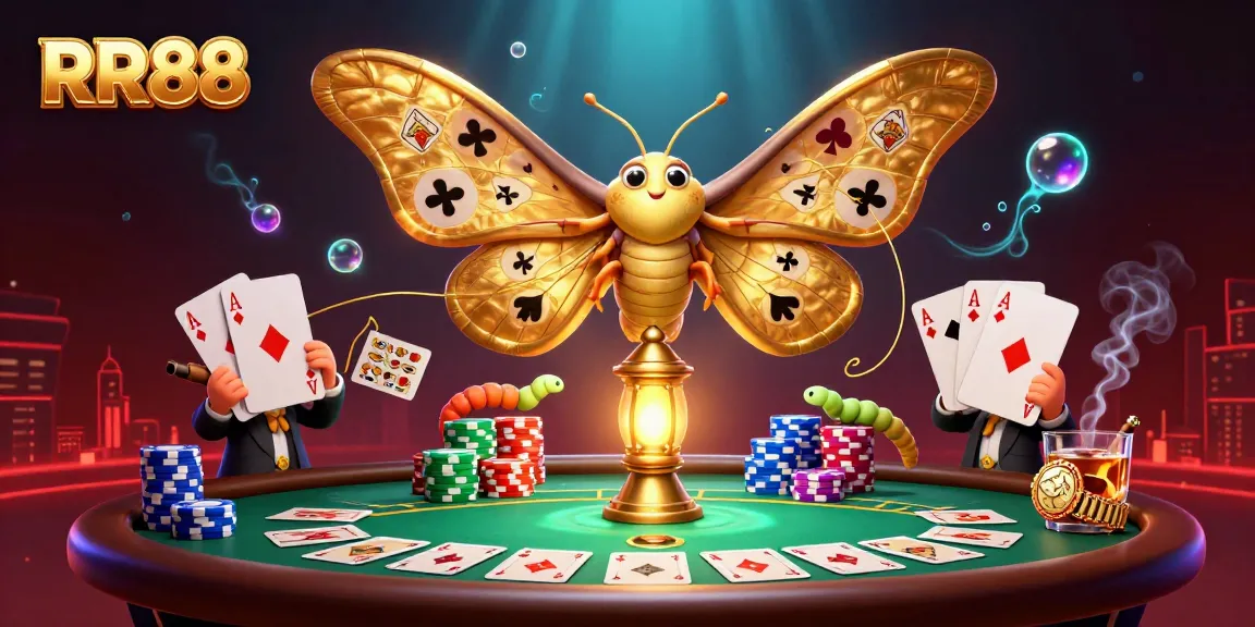 Experience the allure of RR88 with 3D casino scenes featuring a golden-winged moth and poker elements.