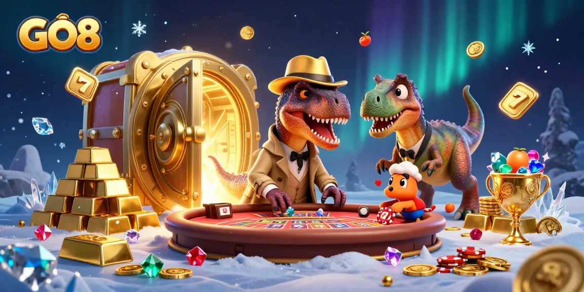 GO8 velociraptor playing blackjack amidst gold treasure in a vibrant casino scene