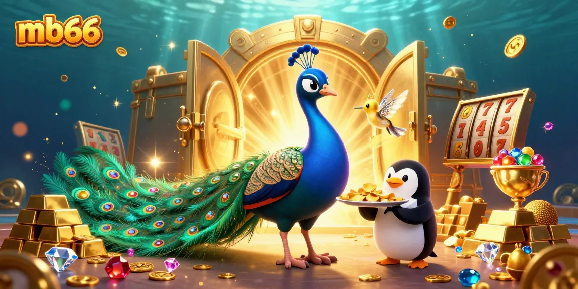 Spin the mb66 slots with the golden peacock and treasures overflowing in this vibrant cartoon scene.