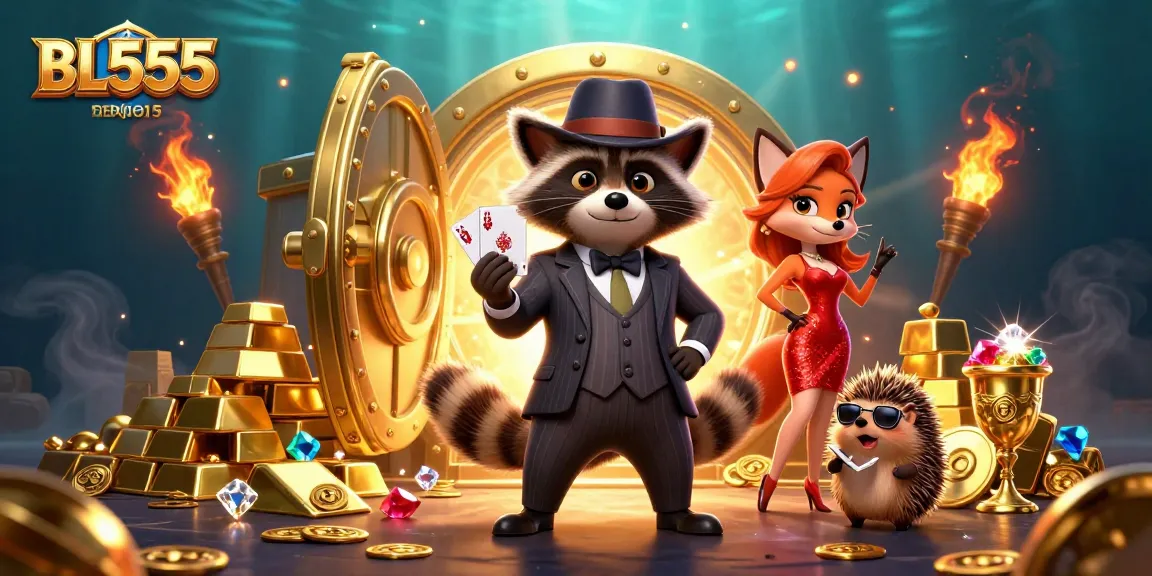 Join the thrilling action at BL555 with a raccoon and friends in a vibrant casino scene.