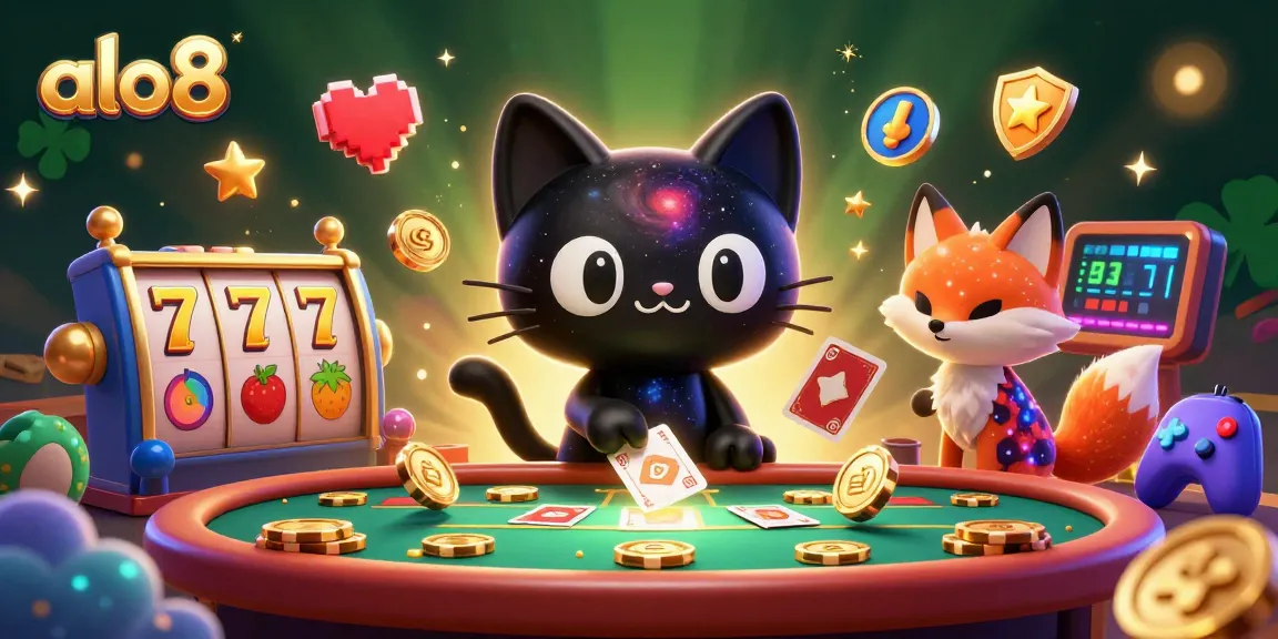 Experience the excitement at alo8 as the cartoon cat pulls in chips and cards in a vibrant cosmic casino.