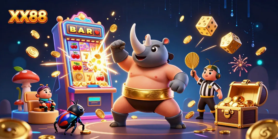 Experience the exciting world of XX88 with a sumo beetle champion amidst dynamic casino elements.
