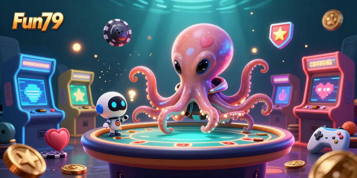 Experience thrilling gameplay at Fun79 with a vibrant alien octopus at a holographic poker table.