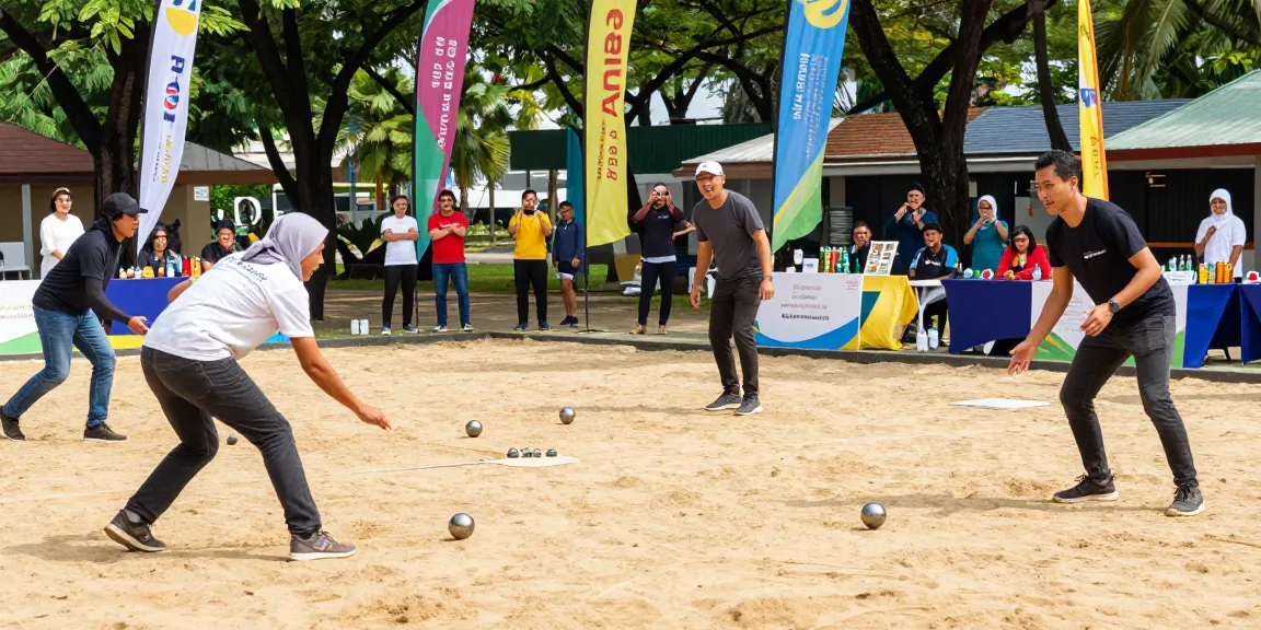 Players enjoying petanque at fopikotamakassar.org tournament, vibrant atmosphere with community spirit.
