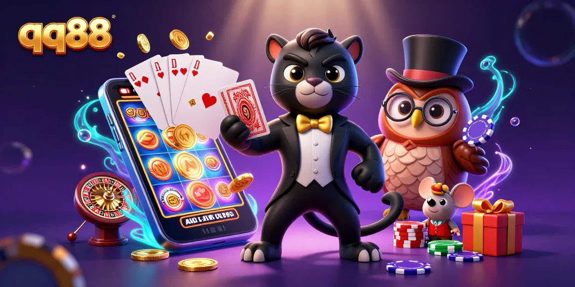 Engage with qq88's thrilling gaming experience featuring a tuxedoed panther expertly dealing cards amidst vibrant casino elements.