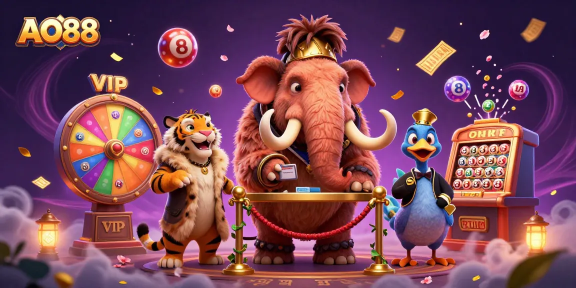 AO88 casino bouncer and VIP guests with colorful lottery elements in a vibrant scene.