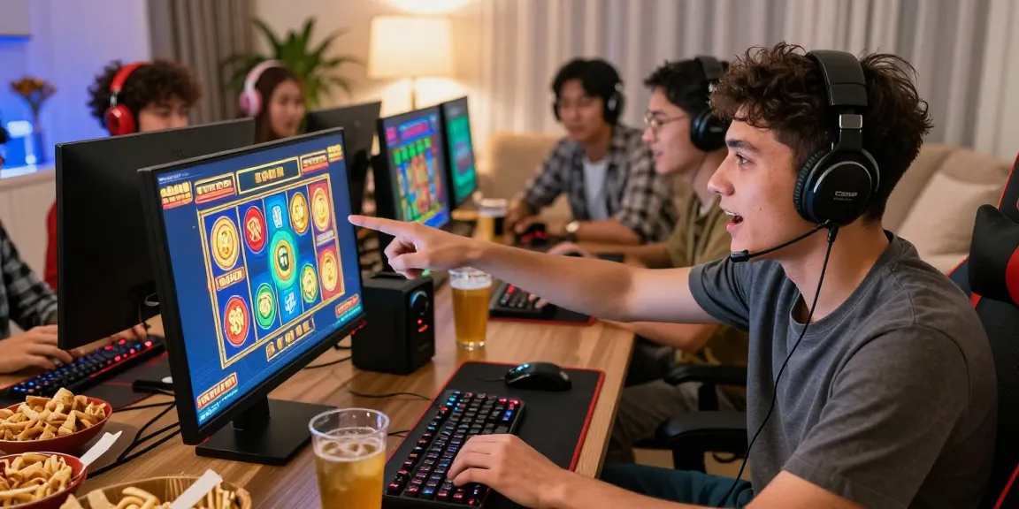 A group of friends enjoying online slot games together, celebrating a jackpot win at home.