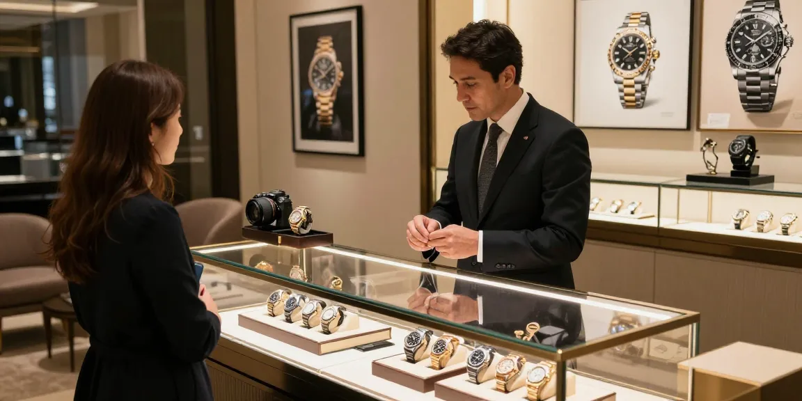 Super clone watches displayed in an elegant boutique, showcasing luxury replicas with sophisticated lighting.