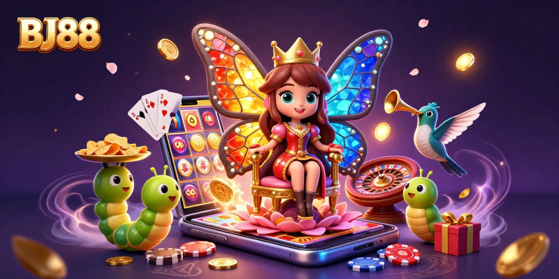 Experience the vibrant world of BJ88 as colorful winnings unfold with a butterfly queen and gaming elements.